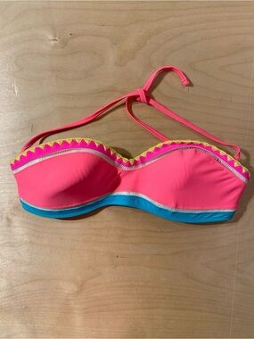 OP Neon Pink Bandeau Bikini Top with Yellow Trim and Blue Band XL (15-17) (SC)